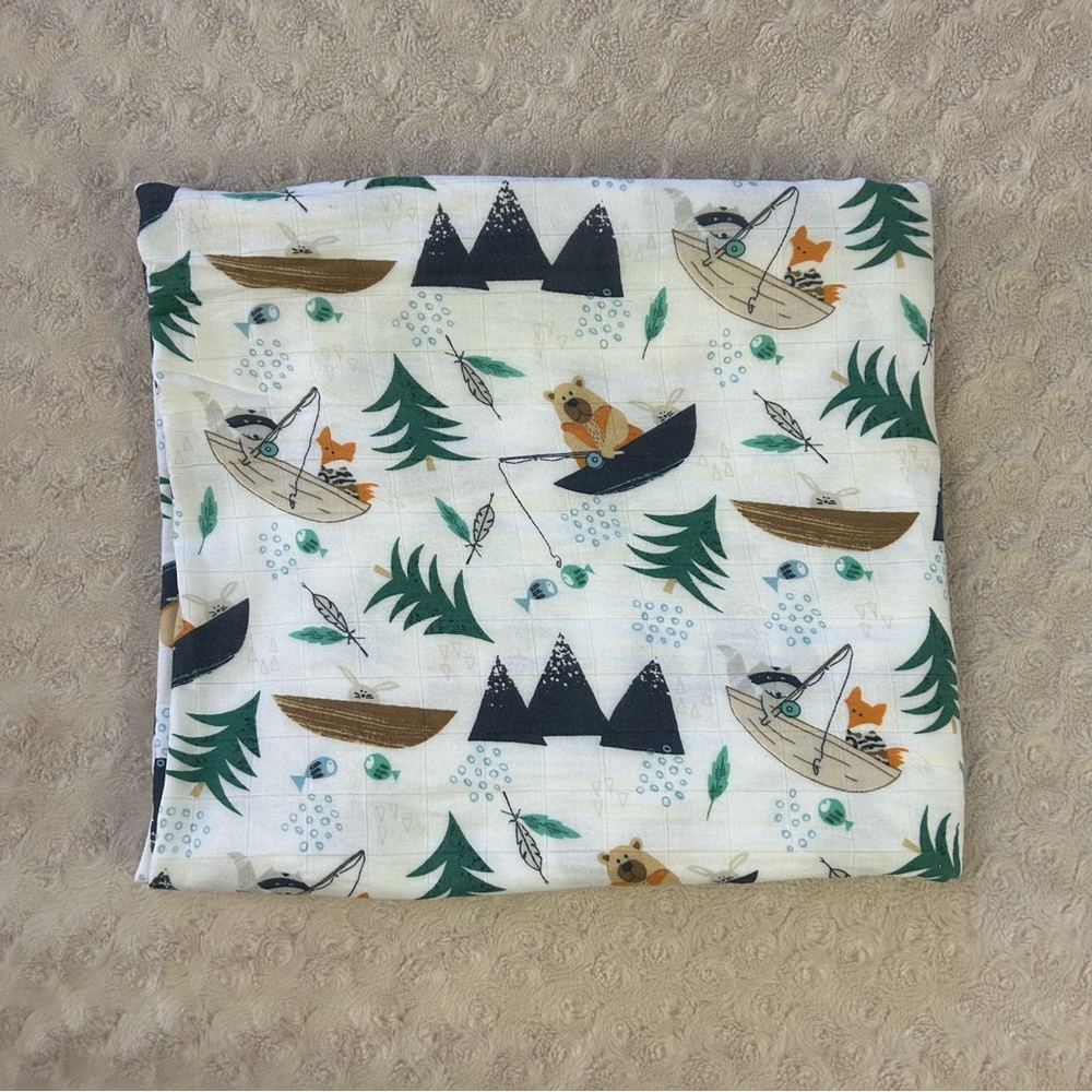Bass Pro Shops Baby Swaddle Blanket Bear Canoe Fox Raccoon Camping Trees Fishing